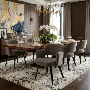 Luxury Contemporary Taupe Grey Upholstered Dining Armchair with Black Legs - Dining Chair Lifestyle View by Luxury Group International