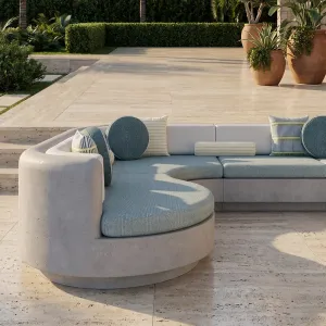 Luxury Contemporary Teal Blue L-Shaped Sofa with Curved Chaise and Grey Frame - Outdoor Furniture Lifestyle View by Luxury Group International