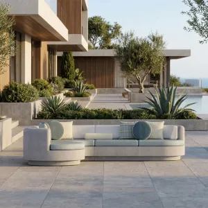 Luxury Contemporary Teal Blue L-Shaped Sofa with Curved Chaise and Grey Frame - Outdoor Furniture Lifestyle View by Luxury Group International