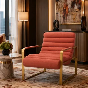 Luxury Coral and Gold Channel-Tufted Upholstered Armchair - Luxury Hotel Furniture Lifestyle View by Luxury Group International