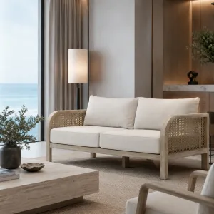Luxus Creme 2-Sitzer Sofa mit Naturholz- & Geflochtenem Rattanrahmen – Luxus Hotelmöbel Lifestyle-Ansicht von Luxury Group International