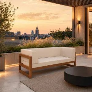 Luxus Creme 6,5 ft Gartensofa mit geschwungenen Armlehnen & Walnussrahmen Lifestyle-Ansicht von Luxury Group International