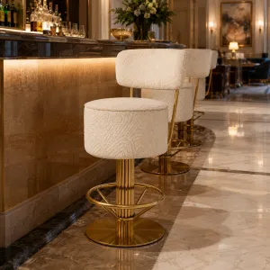 Luxury Cream and Gold Bar Stool with Upholstered Backrest - Luxury Hotel Furniture Lifestyle View by Luxury Group International