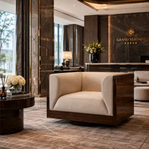 Luxury Cream Armchair with Glossy Brown Wood Frame - Luxury Hotel Furniture Lifestyle View by Luxury Group International