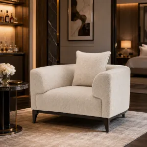Luxury Cream Bouclé Armchair with Dark Wood Base - Luxury Armchair Lifestyle View by Luxury Group International