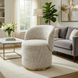 Luxury Cream Bouclé Barrel Accent Chair with Curved Backrest & Brushed Gold Base Lifestyle View by Luxury Group International