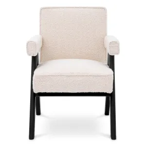 Silla de Comedor de Lujo en Bouclé Crema con Estructura y Reposabrazos de Madera Negra - Mobiliario de Hotel de Lujo Vista frontal por Luxury Group International