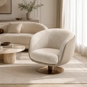 Luxury Cream Boucle Swivel Lounge Armchair with Bronze Base-Luxury living room furniture Lifestyle View by Luxury Group International