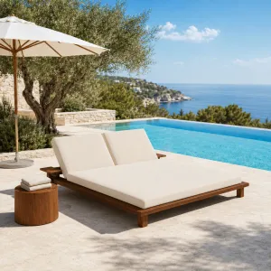 Luxus Doppel-Sonnenliege in Creme mit Doppelrückenlehnen & Holzrahmen Lifestyle-Ansicht von Luxury Group International
