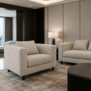Luxury Cream Quilted Lounge Armchair 119 cm – Living Room & Hotel Furniture Lifestyle View by Luxury Group International