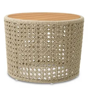 Luxury Cream Rope Natural Teak Outdoor Side Table Front View by Luxury Group International