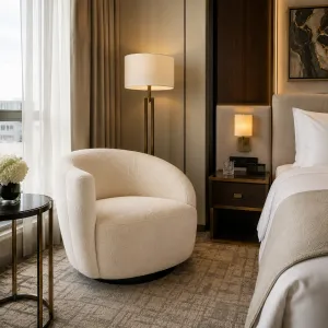 Luxury Cream Swivel Armchair 90 cm – Living Room & Hotel Furniture Lifestyle View by Luxury Group International