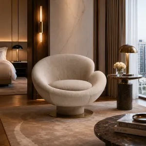 Poltrona Girevole di Lusso Crema con Base in Tonalità Oro - Poltrona di Lusso Vista lifestyle di Luxury Group International