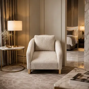Luxury Cream Textured Armchair with Curved Arms and Gold Feet - Luxury Armchair Lifestyle View by Luxury Group International