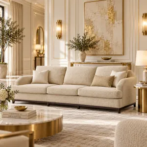 Luxury Cream Three-Seater Sofa with Deep Cushions & Dark Wood Base – Luxury Hotel Furniture Lifestyle View by Luxury Group International