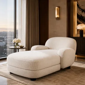 Chaise Lounge de Lujo Tapizado en Crema con Patas Negras - Mobiliario de Hotel de Lujo Vista lifestyle por Luxury Group International