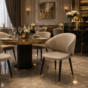 Silla de Comedor Tapizada en Crema de Lujo con Patas Negras y Detalles Dorados - Mobiliario de Hotel de Lujo Vista lifestyle por Luxury Group International