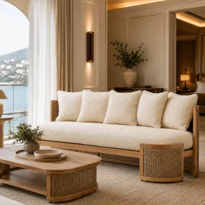 Luxus Creme Polstersofa mit Naturholz- & Geflochtenem Rattanrahmen – Luxus Hotelmöbel Lifestyle-Ansicht von Luxury Group International
