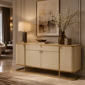 Luxury Cream Woven Rattan Sideboard with Gold Metal Frame - Luxury Hotel Furniture Lifestyle View by Luxury Group International