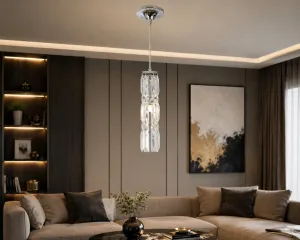 Luxury Crystal Pendant Light in Chrome Finish - Modern Faceted Crystal Lamp Lifestyle View by Luxury Group International