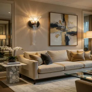 Luxury Crystal Wall Lamp with Tapered Prism Glass Design & Chrome Backplate Lifestyle View by Luxury Group International