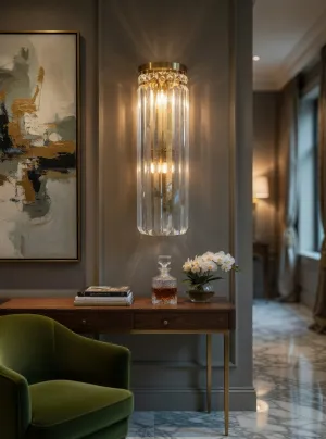 Luxury Crystal Wall Sconce in Antique Brass Finish Designer Cylindrical Crystal Wall Lamp Lifestyle View by Luxury Group International