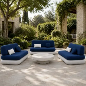 Luxury Dark Blue Bouclé Outdoor Sofa with White Concrete Base -Luxury Hotel Furniture Lifestyle View by Luxury Group International