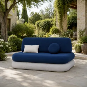 Luxury Dark Blue Bouclé Outdoor Sofa with White Concrete Base -Luxury Hotel Furniture Lifestyle View by Luxury Group International