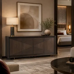 Luxury Dark Brown Geometric Four-Door Sideboard Cabinet - Luxury Sideboard Cabinet Lifestyle View by Luxury Group International
