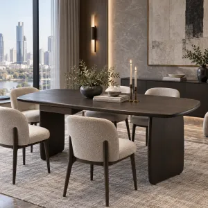 Luxury Dark Brown Rectangular Wooden Dining Table with Rounded Edges – Luxury Hotel Furniture Lifestyle View by Luxury Group International