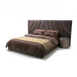 Luxury Dark Brown Upholstered Bed with Sculptural Curved Headboard - Luxury Hotel Bed Side View by Luxury Group International