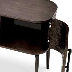 Luxuriöses dunkelbraunes Sideboard mit gewebter Front, runden Griffen & Metallbeinen – Luxus Hotelmöbel Detailansicht von Luxury Group International