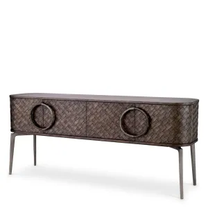 Luxuriöses dunkelbraunes Sideboard mit gewebter Front, runden Griffen & Metallbeinen – Luxus Hotelmöbel Vorderansicht von Luxury Group International