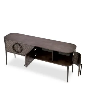 Luxuriöses dunkelbraunes Sideboard mit gewebter Front, runden Griffen & Metallbeinen – Luxus Hotelmöbel Innenansicht von Luxury Group International