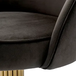 Luxury Dark Grey Velvet Dining Chair with Gold Pedestal Base and Curved Back - Luxury Dining Chair Detail View by Luxury Group International