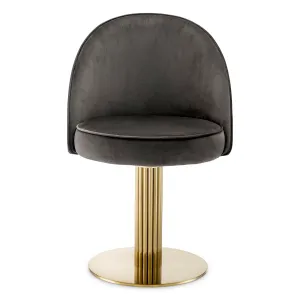 Luxury Dark Grey Velvet Dining Chair with Gold Pedestal Base and Curved Back - Luxury Dining Chair Front View by Luxury Group International
