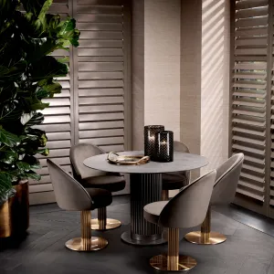 Luxury Dark Grey Velvet Dining Chair with Gold Pedestal Base and Curved Back - Luxury Dining Chair Lifestyle View by Luxury Group International