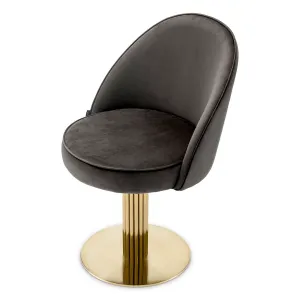 Luxury Dark Grey Velvet Dining Chair with Gold Pedestal Base and Curved Back - Luxury Dining Chair Side View by Luxury Group International