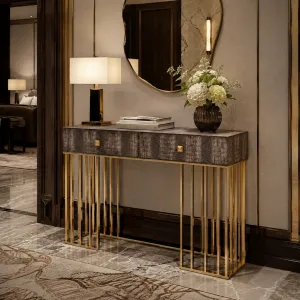 Luxury Dark Taupe Textured Console Table with Gold Metal Frame - Luxury Console Table Lifestyle View by Luxury Group International