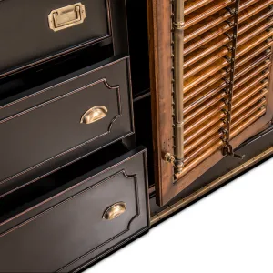 Luxus-Dunkelwalnuss-Holzsideboard mit zwei lamellierten Aufbewahrungsschränken & mehreren Schubladen Detailansicht von Luxury Group International