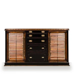 Luxus-Dunkelwalnuss-Holzsideboard mit zwei lamellierten Aufbewahrungsschränken & mehreren Schubladen Vorderansicht von Luxury Group International