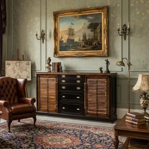 Luxus-Dunkelwalnuss-Holzsideboard mit zwei lamellierten Aufbewahrungsschränken & mehreren Schubladen Lifestyle-Ansicht von Luxury Group International