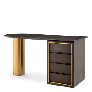 Luxus Executive-Schreibtisch aus dunklem Holz mit goldener Säule & Aufbewahrungsschubladen – Luxus Schreibtisch Vorderansicht von Luxury Group International
