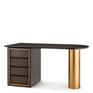 Luxus Executive-Schreibtisch aus dunklem Holz mit goldener Säule & Aufbewahrungsschubladen – Luxus Schreibtisch Vorderansicht von Luxury Group International
