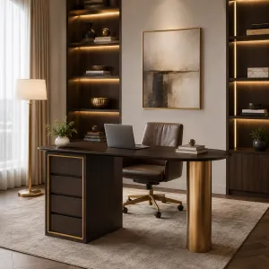 Luxus Executive-Schreibtisch aus dunklem Holz mit goldener Säule & Aufbewahrungsschubladen – Luxus Schreibtisch Lifestyle-Ansicht von Luxury Group International