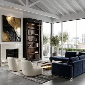 Lujoso Estante Abierto de Madera Oscura con Detalles en Latón - Vitrina de Estantes de Lujo Vista lifestyle por Luxury Group International