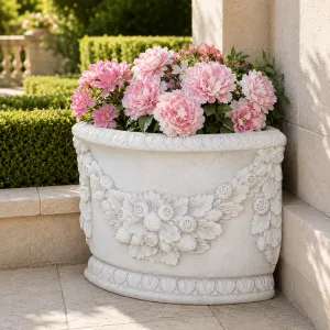 Luxury Decorative Corner Garden Planter with Sculptural Floral Relief Design Lifestyle View by Luxury Group International