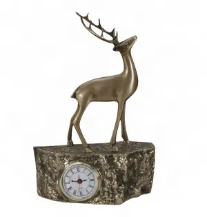 Luxury Deer Bronze Alarm Clock with Textured Rock Base - Luxury Bronze Sculpture by Luxury Group International