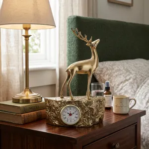 Luxury Deer Bronze Alarm Clock with Textured Rock Base - Luxury Bronze Sculpture Lifestyle View by Luxury Group International