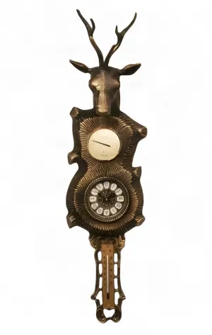 Luxus Bronze-Wanduhr mit Hirschkopf, Doppeluhr und Thermometerdetail – Luxus Wohnaccessoires von Luxury Group International
